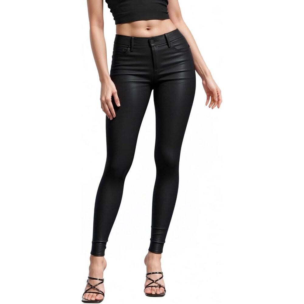 Edgy Women's Mid-Rise Skinny Coated Pants In Black - Comfortable Stretch Fit